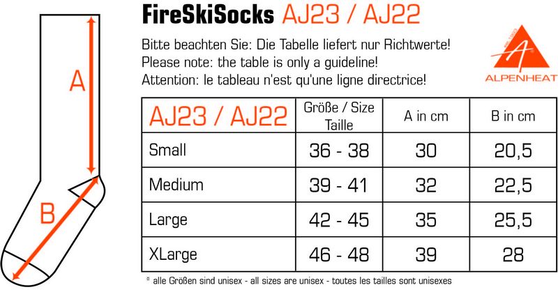 FireSkiSocks Alpenheat ヒーテッド ソックスのサイズ表
